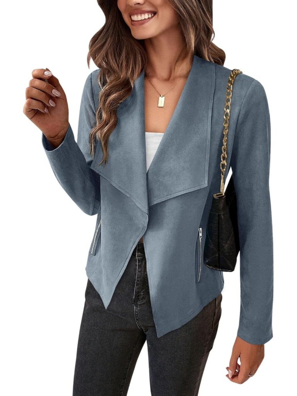 Women Grey Blue Faux Suede Open Front Waterfall Collar Long Sleeve Draped Jacket
